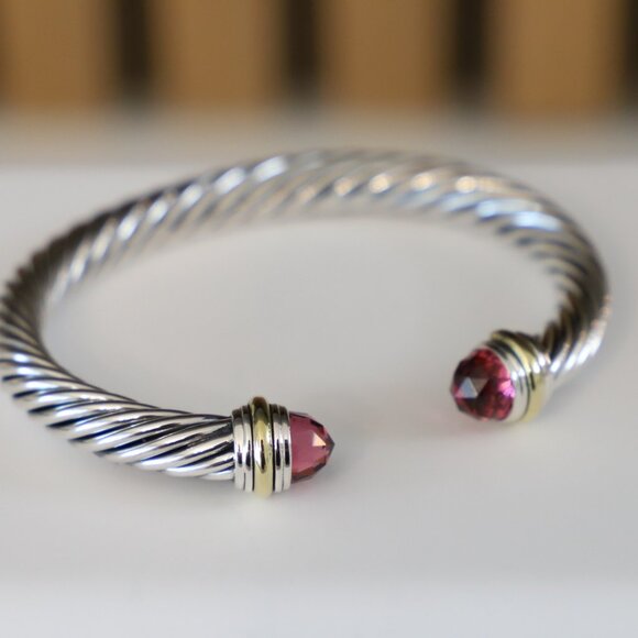 David Yurman Sterling Silver 7mm Cable Bracelet Tourmaline & 14k Gold Medium - Picture 3 of 6